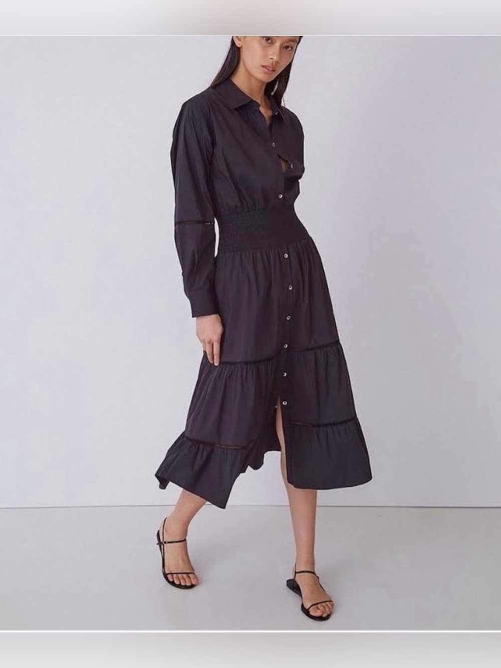 *Sale* NWT Thakoon Black Smocked waist Dress with Ladder Trim.